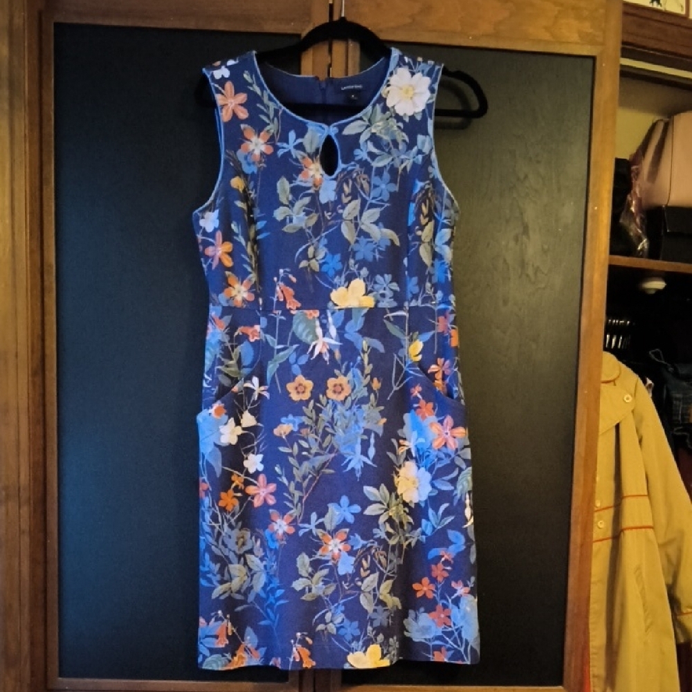 Lands' End women's navy blue floral sleeveless sheath dress